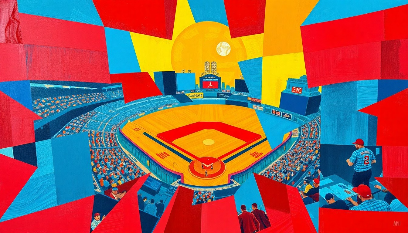 A fragmented, abstract painting featuring sharp, overlapping geometric shapes in vibrant colors, conceptually representing the dynamic energy and movement of a baseball game.
