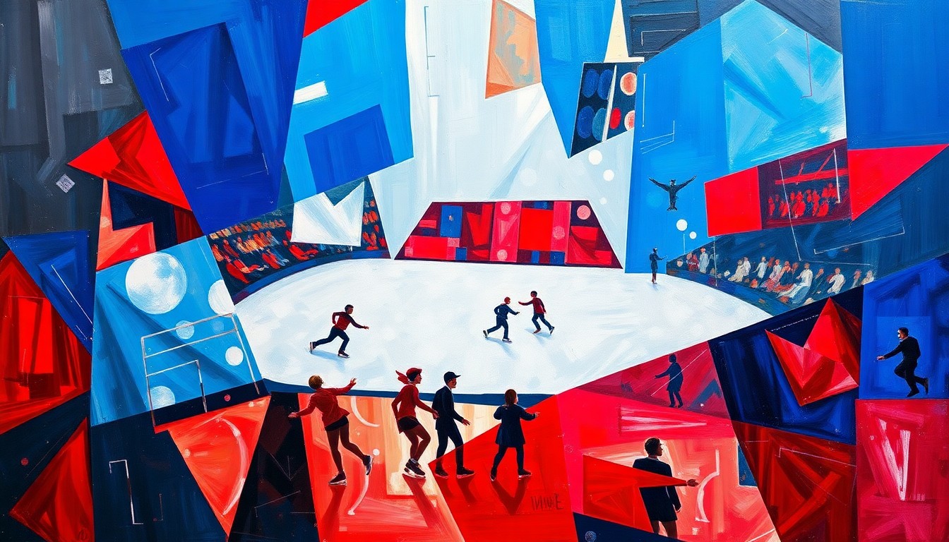 A cubist, geometric painting depicting a figure skating competition, with sharp, overlapping planes of color representing the dynamic movements and competitive energy of the event.