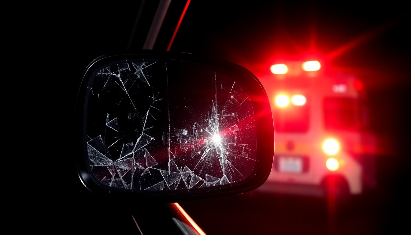 An extreme close-up photograph of a shattered car side mirror reflecting the flashing lights of an emergency vehicle, creating a stark, gritty, investigative aesthetic.