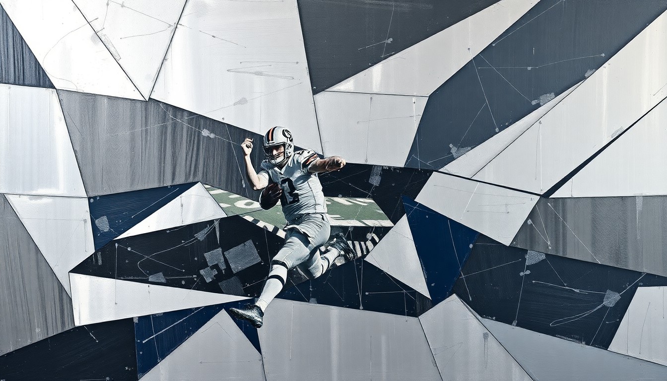 A cubist, geometric painting depicting fragmented football players and equipment, with sharp planes of silver, black, and navy blue.