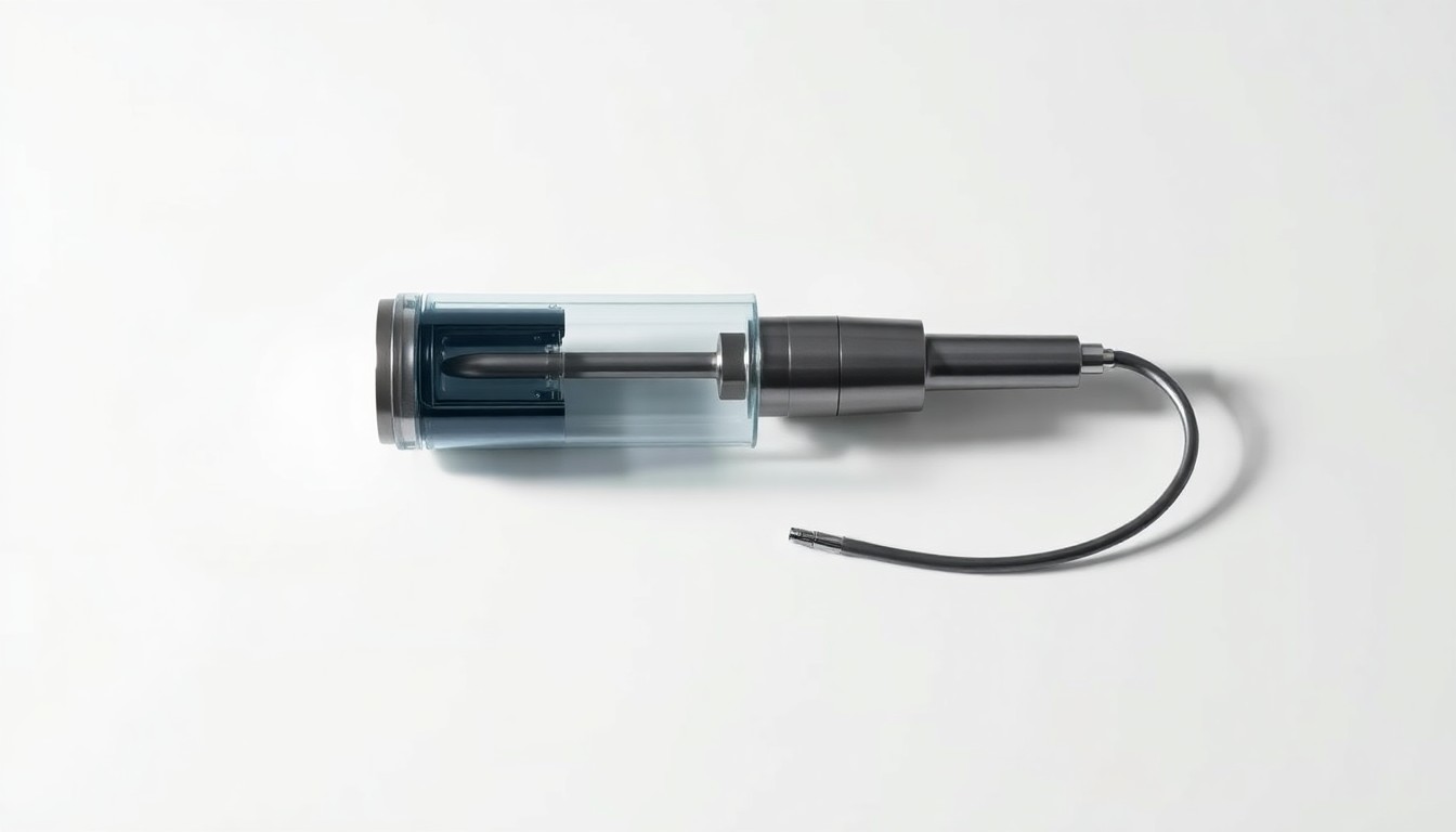 A photorealistic studio still-life image of a sleek, polished medical device made of stainless steel and glass, symbolizing the innovative RenovoCath technology developed by RenovoRx for targeted cancer treatment.