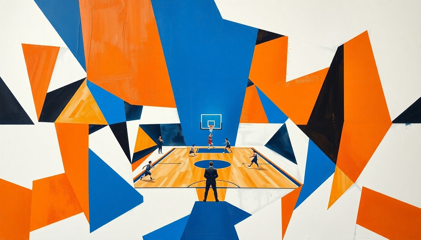 A cubist, geometric painting depicting fragmented, overlapping shapes and planes in burnt orange, royal blue, and white, capturing the energy and movement of a women's basketball game.