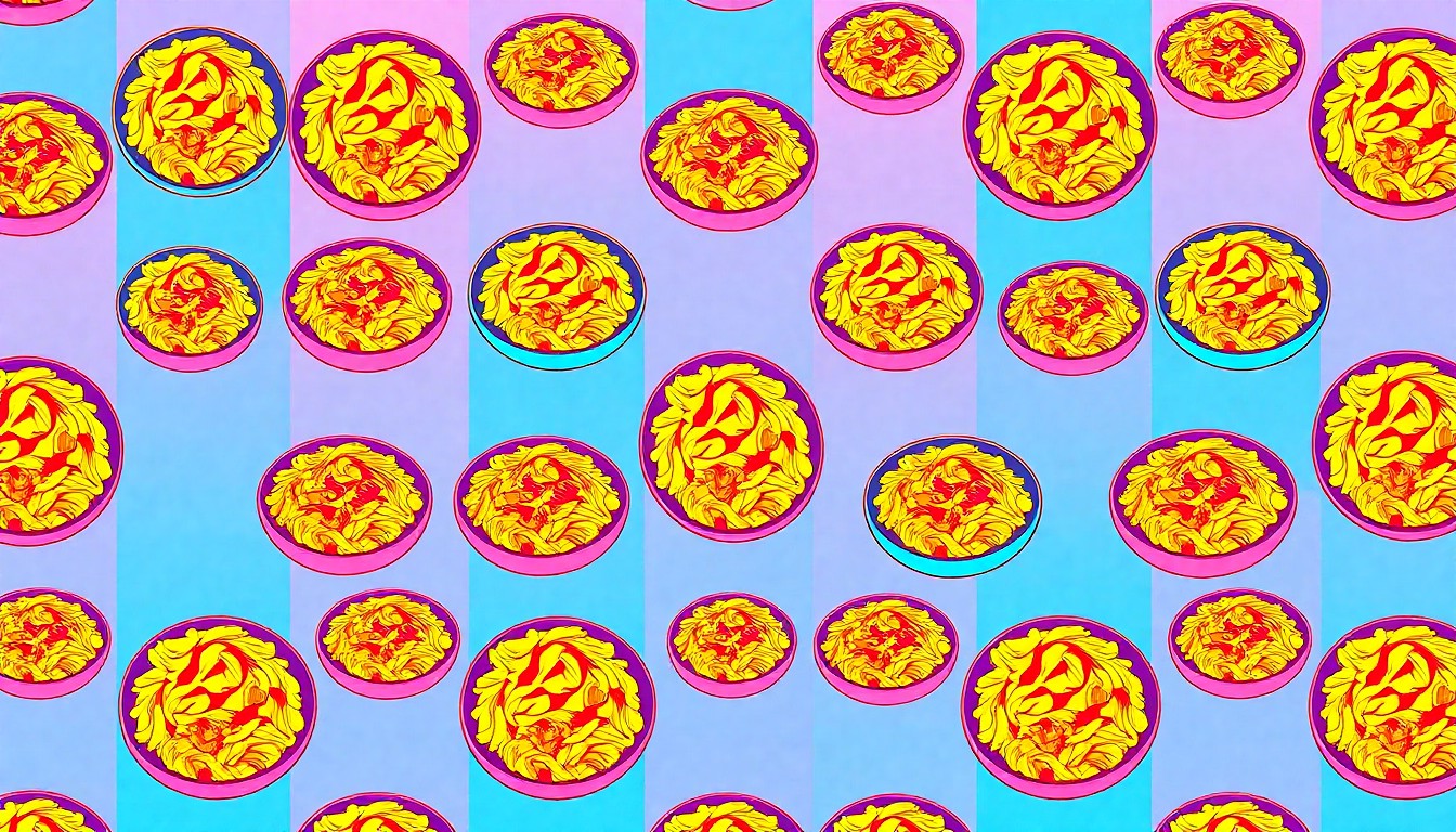 A brightly colored, high-contrast silkscreen print of a single, iconic pasta dish repeated in a tight grid pattern, capturing the convenience and variety of Costco's frozen and refrigerated pasta offerings.