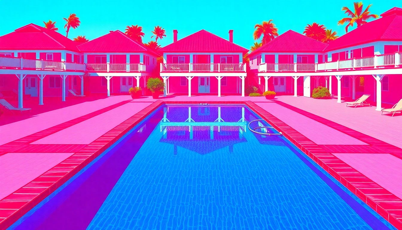 A brightly colored, high-contrast silkscreen print of a swimming pool with a vibrant blue water and a red-and-white striped pool house, repeated in a tight grid pattern, conceptually representing the luxury and entertainment value of the home's backyard amenities.