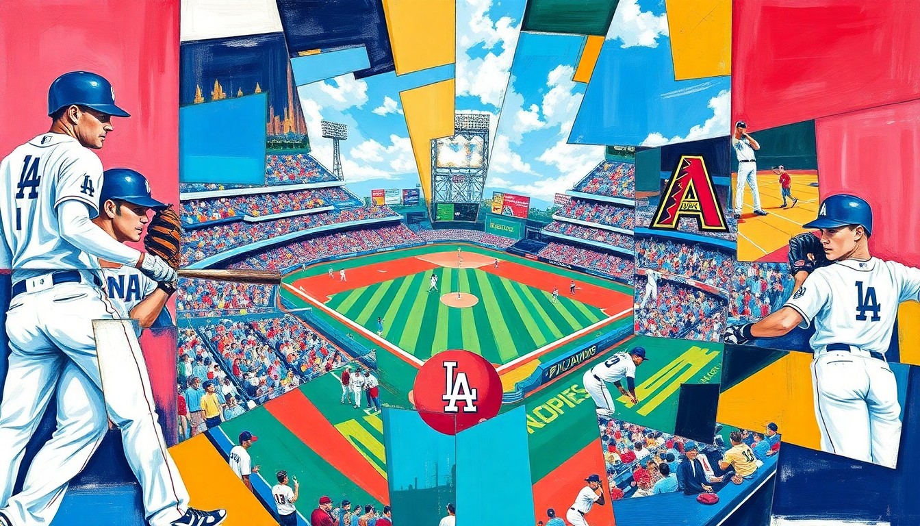 An abstract, cubist-style painting featuring overlapping geometric shapes and planes in vibrant blue, white, teal, and purple, representing the action of a baseball game between the Los Angeles Dodgers and Arizona Diamondbacks.