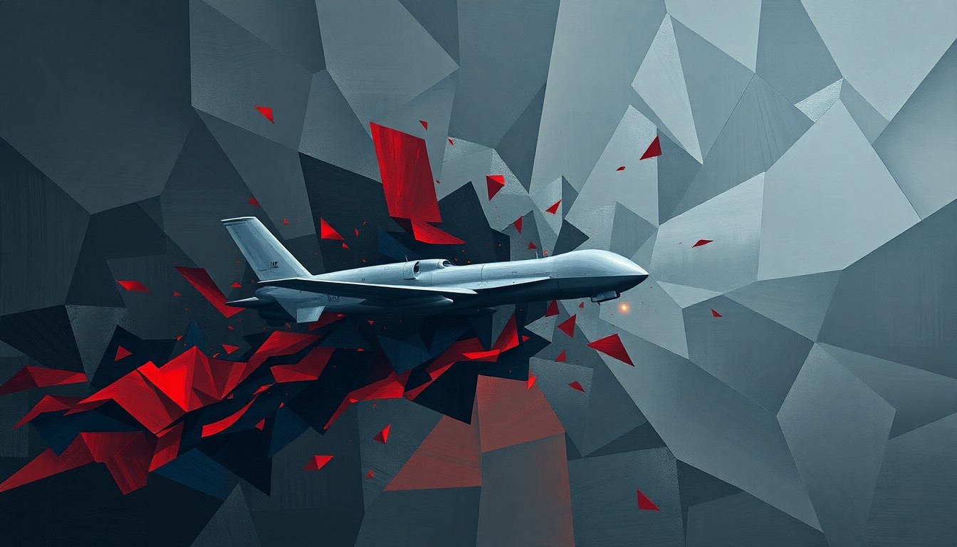 A fractured, abstract painting featuring overlapping geometric shapes and waves of dark grey, navy blue, and deep red, representing the chaotic and unpredictable nature of the ongoing conflict with Iran.