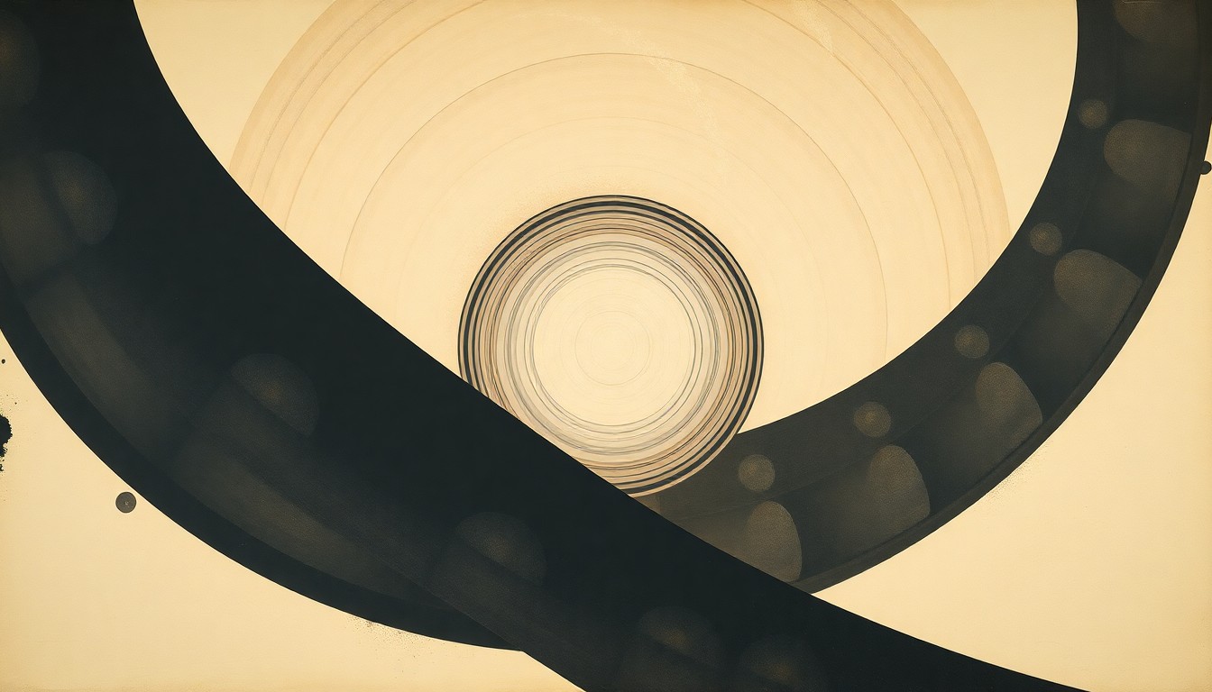 A bold, abstract painting in soft earth tones featuring sweeping geometric arcs, concentric circles, and precise spirals, representing the Artemis mission's journey to the moon.