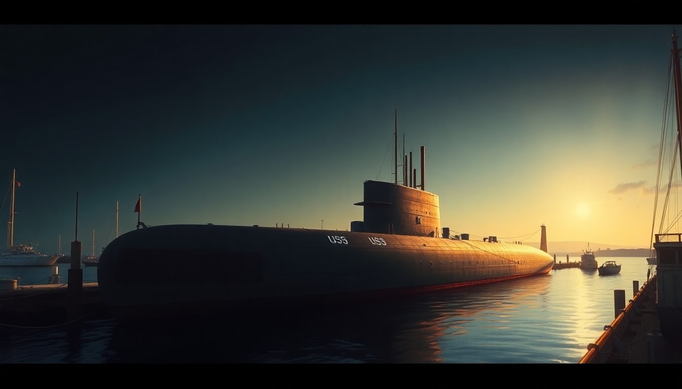 A serene, cinematic painting of the USS Massachusetts submarine docked in Boston Harbor, with the vessel's silhouette reflected in the calm waters and warm sunlight casting long shadows across the scene, capturing the quiet power and history of the new warship.