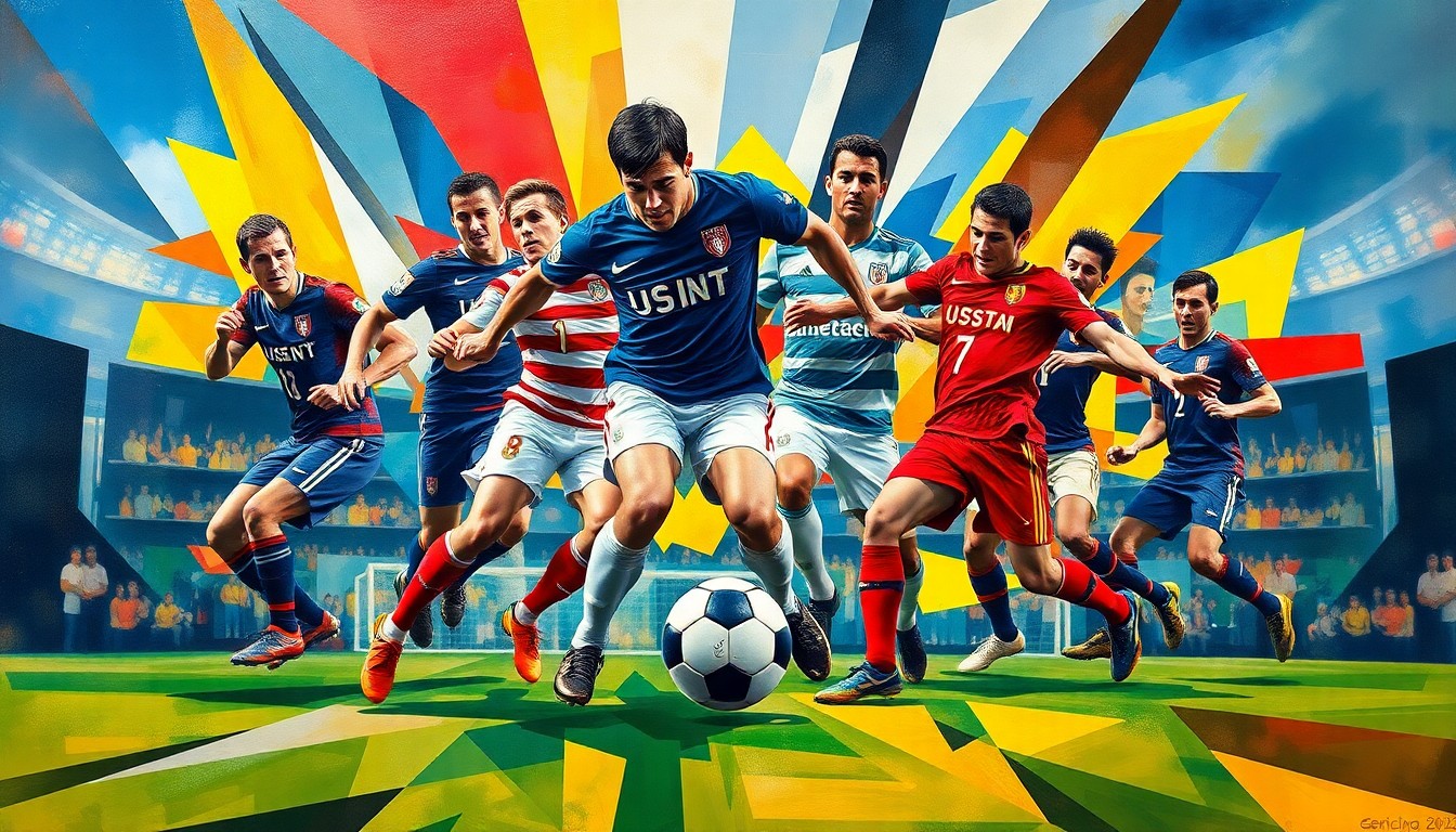 A fractured, multi-perspective painting in the style of Pablo Picasso, breaking a soccer match down into sharp, overlapping geometric planes. Players' forms are abstracted into dynamic, angular shapes, with the ball and field blending into a vibrant, kaleidoscopic composition.