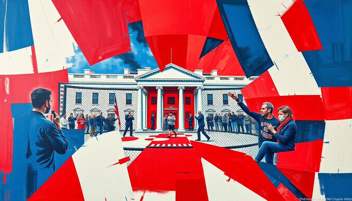 A fragmented, geometric painting depicting a UFC cage match taking place on the White House lawn, with the iconic building visible in the background. The scene is broken down into sharp, overlapping planes of color, creating a dynamic and abstract visual representation of the event.
