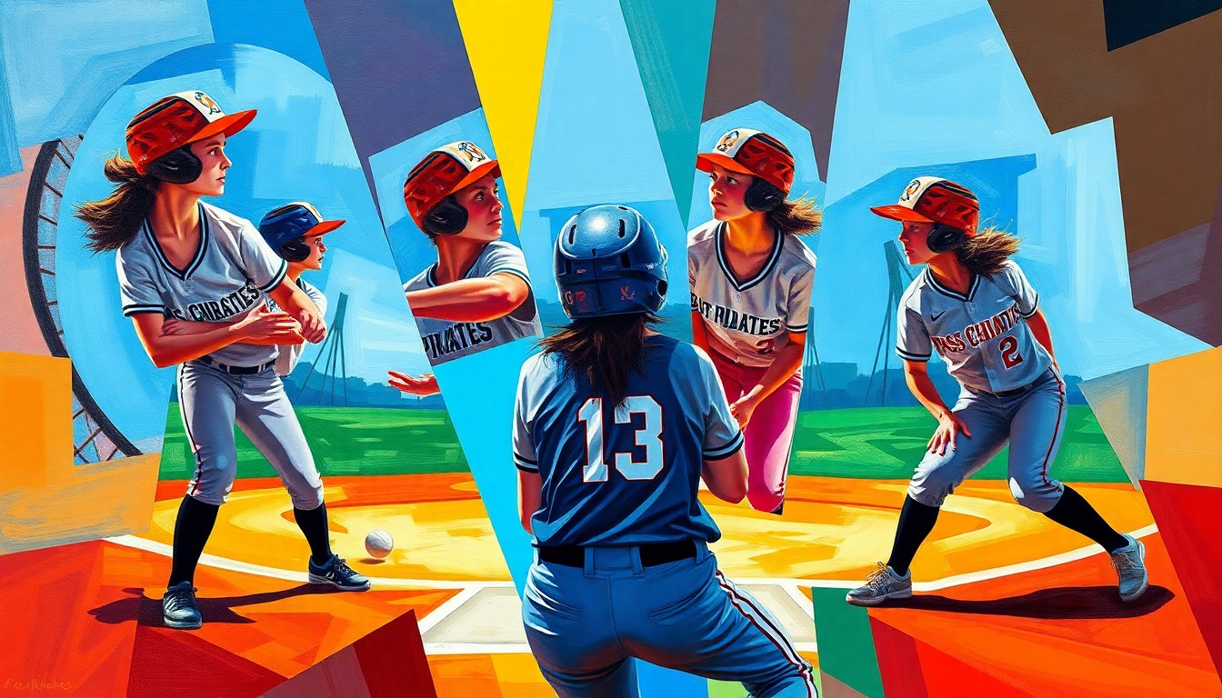 A cubist, geometric painting depicting a softball game, with sharp, overlapping planes of color representing the players and action on the field.