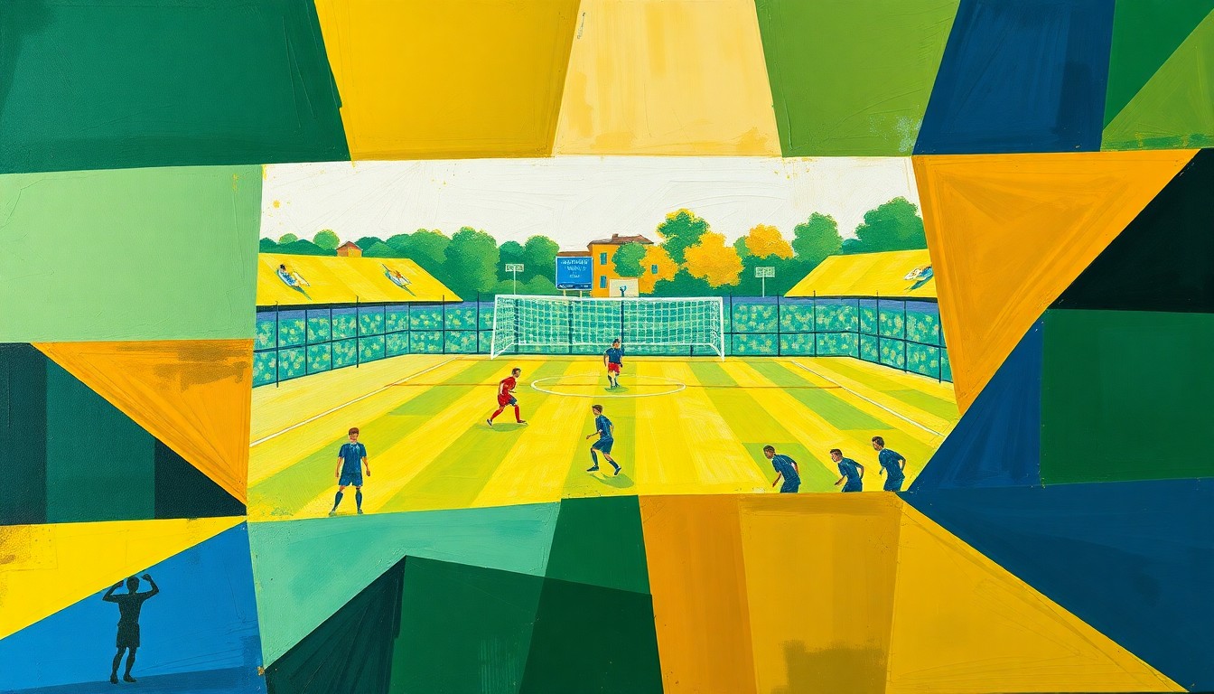 A cubist-style painting featuring overlapping geometric shapes in shades of green, blue, and yellow, capturing the dynamic movement and energy of a high school soccer match.
