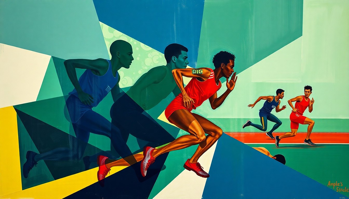 A fragmented, geometric painting depicting a track and field competition, with sharp planes of navy, green, and red conveying the raw energy and movement of the sport.