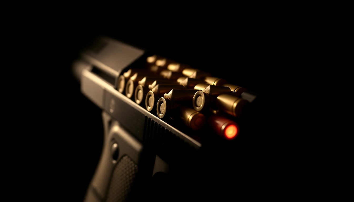 An extreme close-up photograph of a handgun magazine loaded with ammunition, lit by a harsh, direct camera flash against a pitch-black background, conveying a stark, gritty, investigative mood around the issue of illegal firearm acquisition.