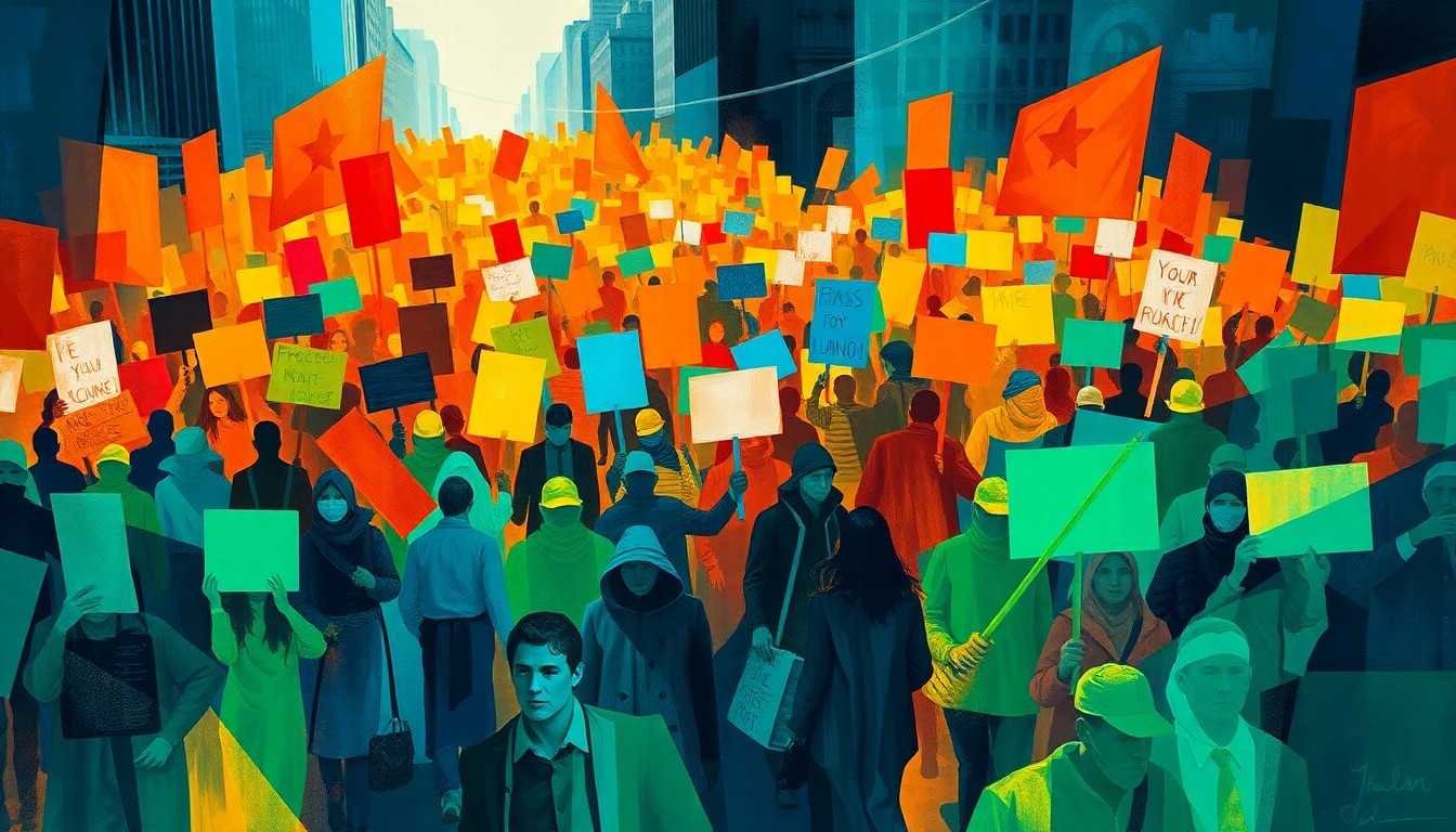 An abstract, fragmented painting depicting a large crowd of protesters marching, their bodies and signs repeated in overlapping geometric waves of bold, vibrant colors, capturing the energy and momentum of the nationwide 'No Kings' demonstrations.