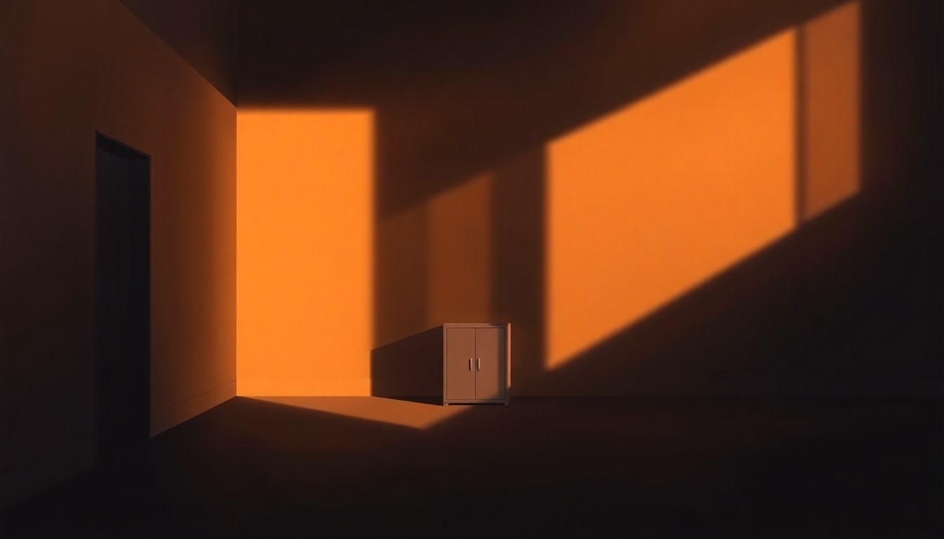 A dimly lit, cinematic painting of an empty airport terminal with long shadows cast across the floor, conceptually representing the isolation and disconnect of political leaders during a time of crisis.