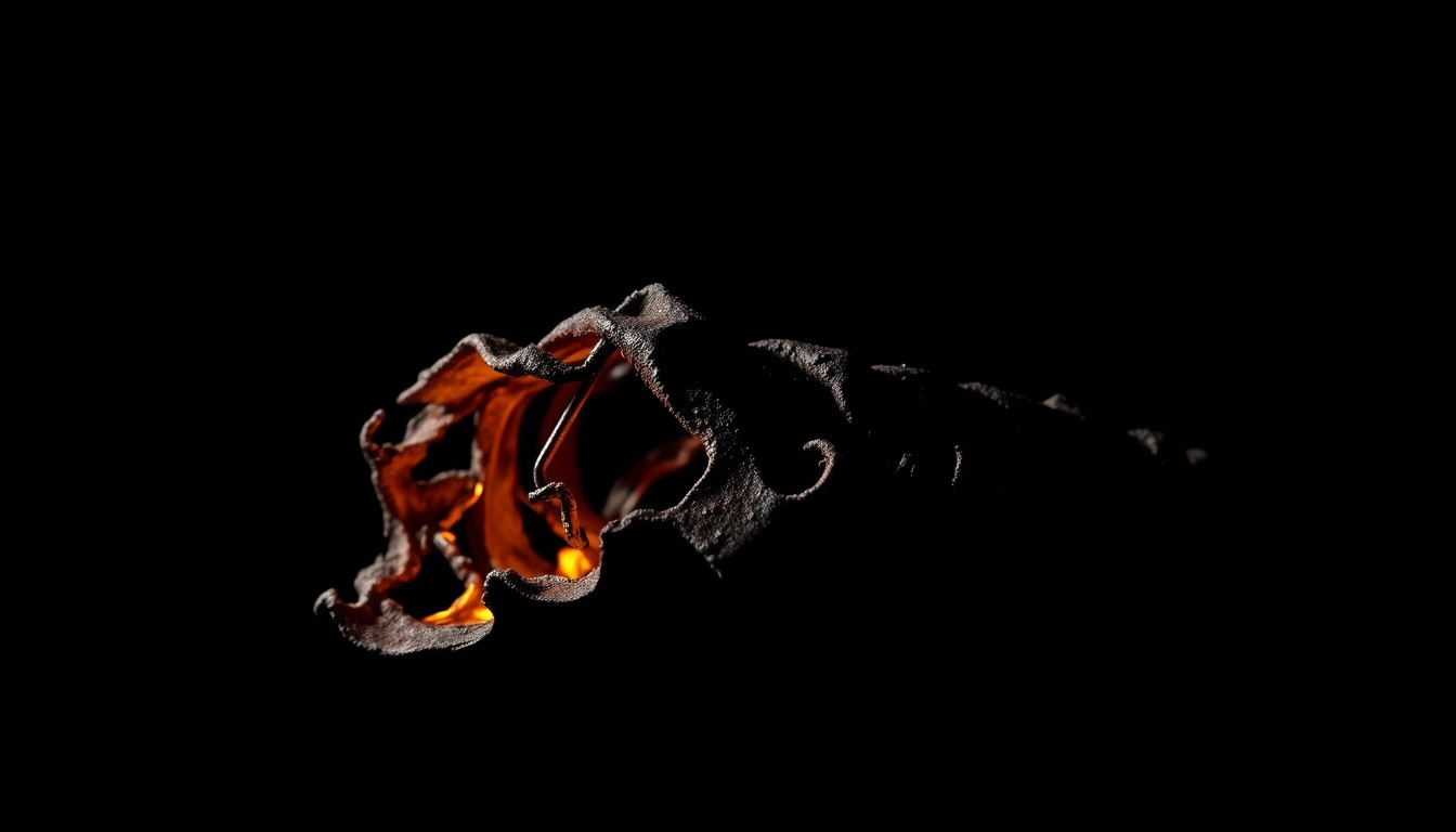 An extreme close-up photograph of a charred, twisted metal object from the house fire, conceptually representing the devastation caused by the blaze.