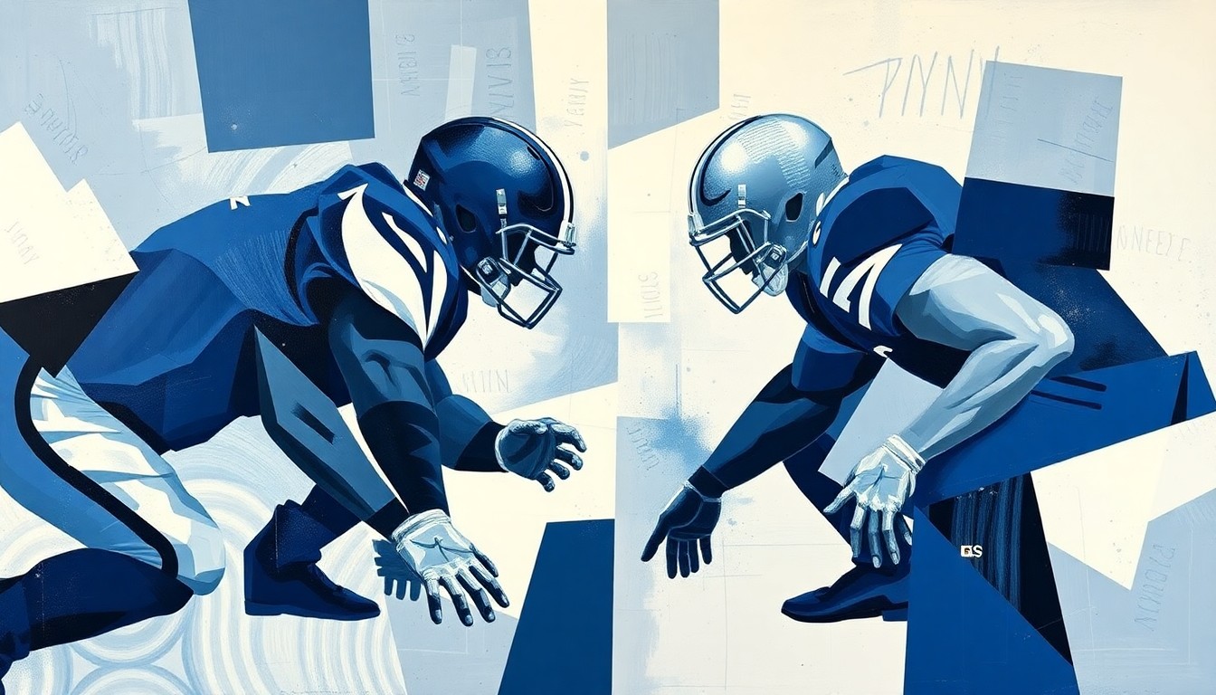 A fragmented, geometric painting depicting an abstract football defensive line, with sharp planes of navy, silver, and white overlapping to create a dynamic, multi-angled composition.