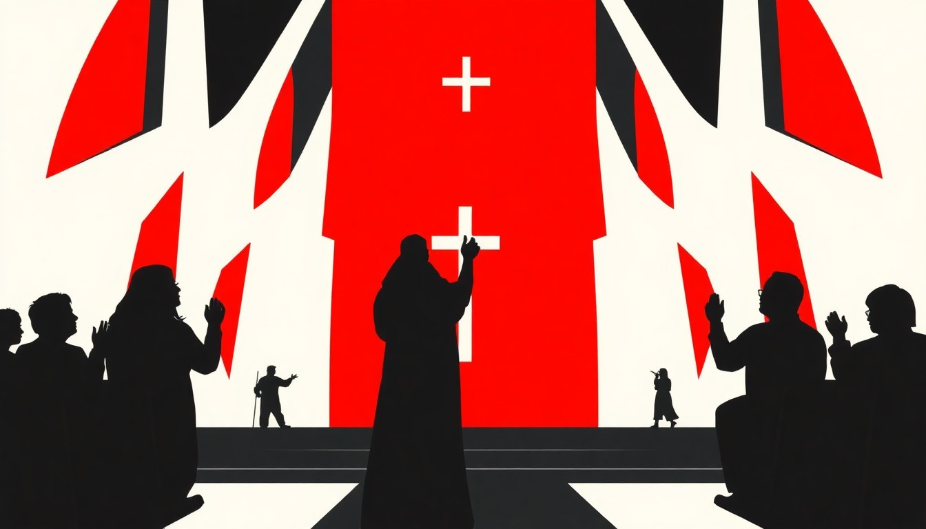 A bold, abstract illustration featuring stark black silhouettes and geometric shapes in high-contrast red and white, conceptually representing the energy and emotion of a transformative Easter worship service.