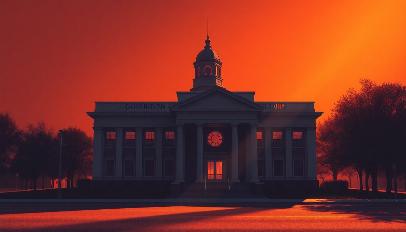 A quiet, cinematic painting of a solitary government building bathed in warm, diagonal sunlight and deep shadows, conceptually illustrating the growing use of AI in the public sector and the need for greater transparency.