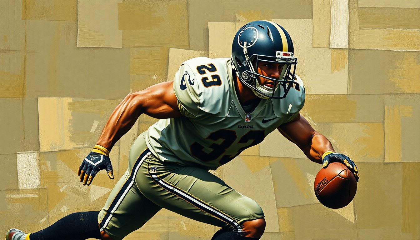 A fragmented, geometric painting depicting the powerful movements of a football linebacker, with sharp planes of olive, ochre, and charcoal grey hues.