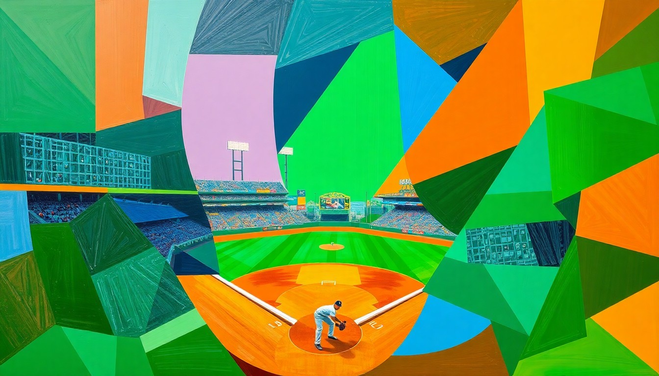 A vibrant, fragmented painting in the style of Pablo Picasso, with overlapping geometric shapes and planes of color representing the action and movement of a minor league baseball game.