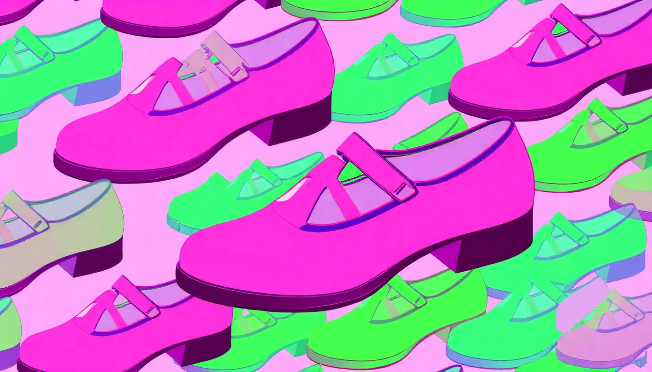 A vibrant, high-contrast silkscreen print featuring a repeated pattern of a single, iconic jelly Mary Jane shoe in a grid, rendered in a bold, neon color palette with heavy black outlines in the style of Andy Warhol's pop art, conceptually representing the trendy new shoe offering at Salon Blow.