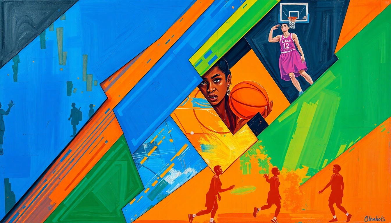 A cubist, geometric painting depicting a WNBA basketball game, with overlapping planes of color and shape representing the dynamic action on the court.