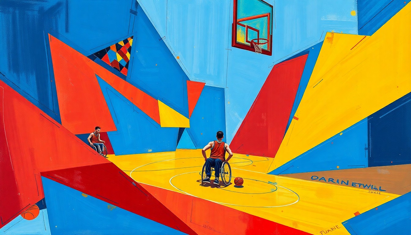 A cubist, geometric painting depicting the dynamic motion and energy of a wheelchair basketball game, with overlapping planes of bright blue, red, and yellow shapes.