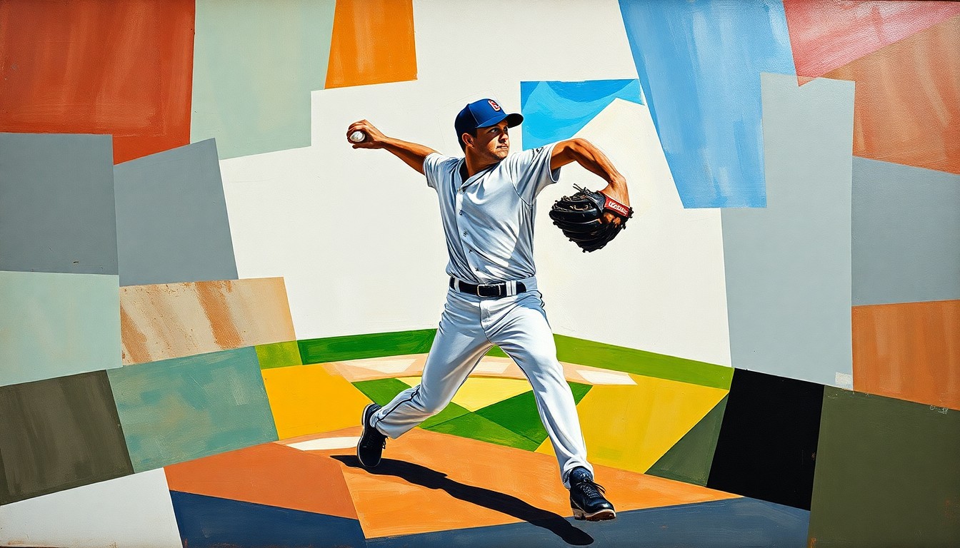 A cubist-style painting depicting a baseball pitcher's windup and delivery broken down into fragmented, overlapping geometric shapes and planes, conveying the inconsistency and struggles of the Cleveland Guardians' starting rotation.