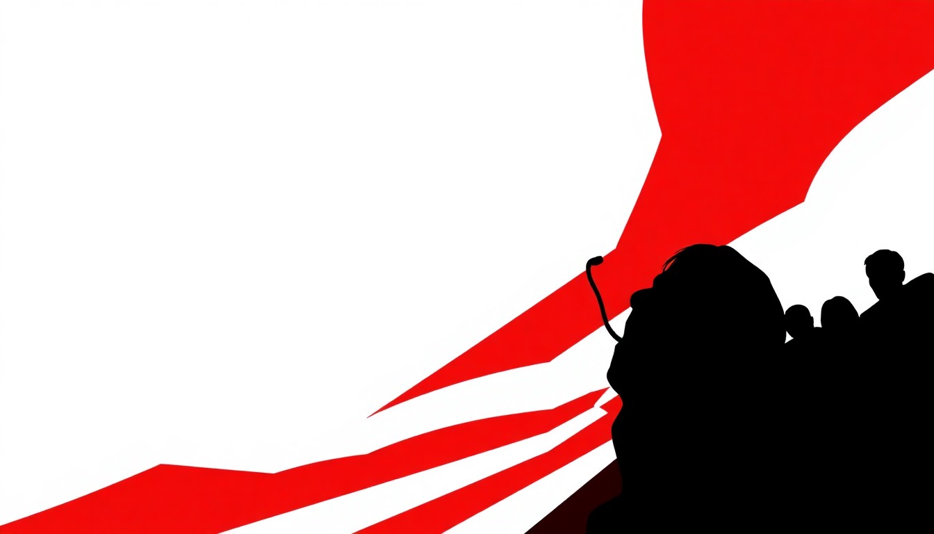 An abstract, minimalist illustration featuring bold, jagged geometric shapes in striking red and white, conceptually representing the political tensions surrounding Bruce Springsteen's concert tour.