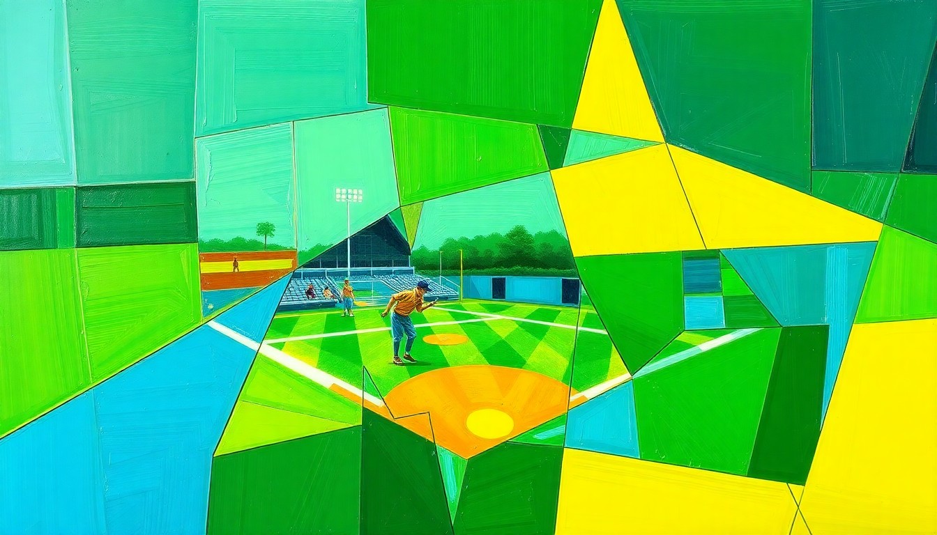 A fragmented, geometric painting in vibrant colors depicting the dynamic movements and competing perspectives of a high school softball game.