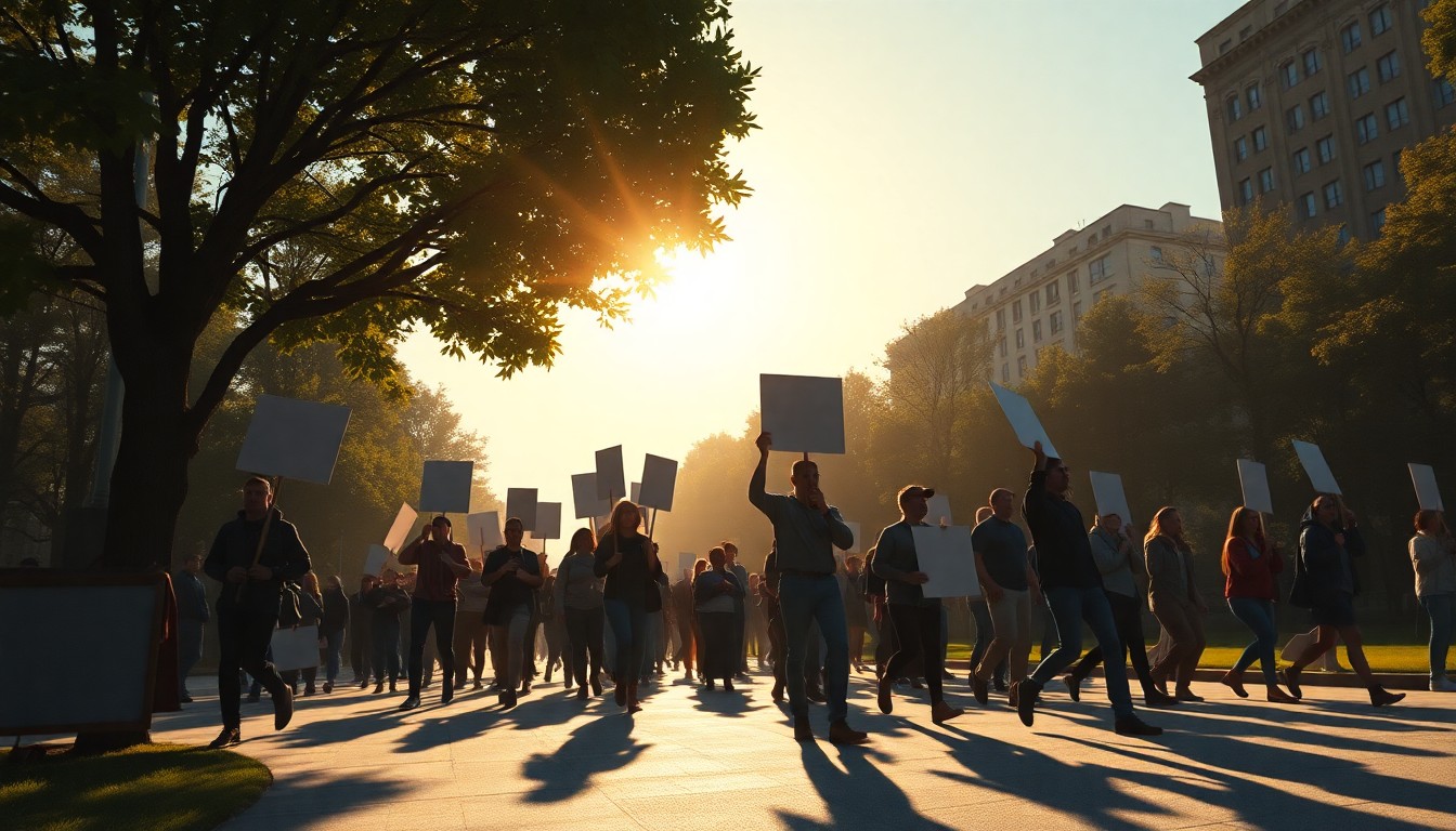 A serene, cinematic painting of a group of protesters marching through a sunlit urban park, their signs and banners casting long shadows as they move forward, capturing the quiet determination of the grassroots 'No Kings' movement.