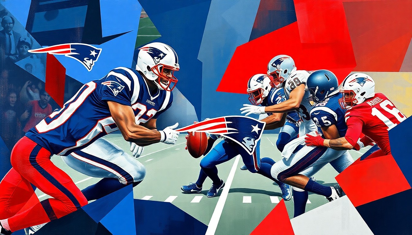 A fragmented, geometric painting in bold navy, red, and white hues depicts the action of a football game, with players' forms broken down into sharp, overlapping planes that convey the intensity of the sport.