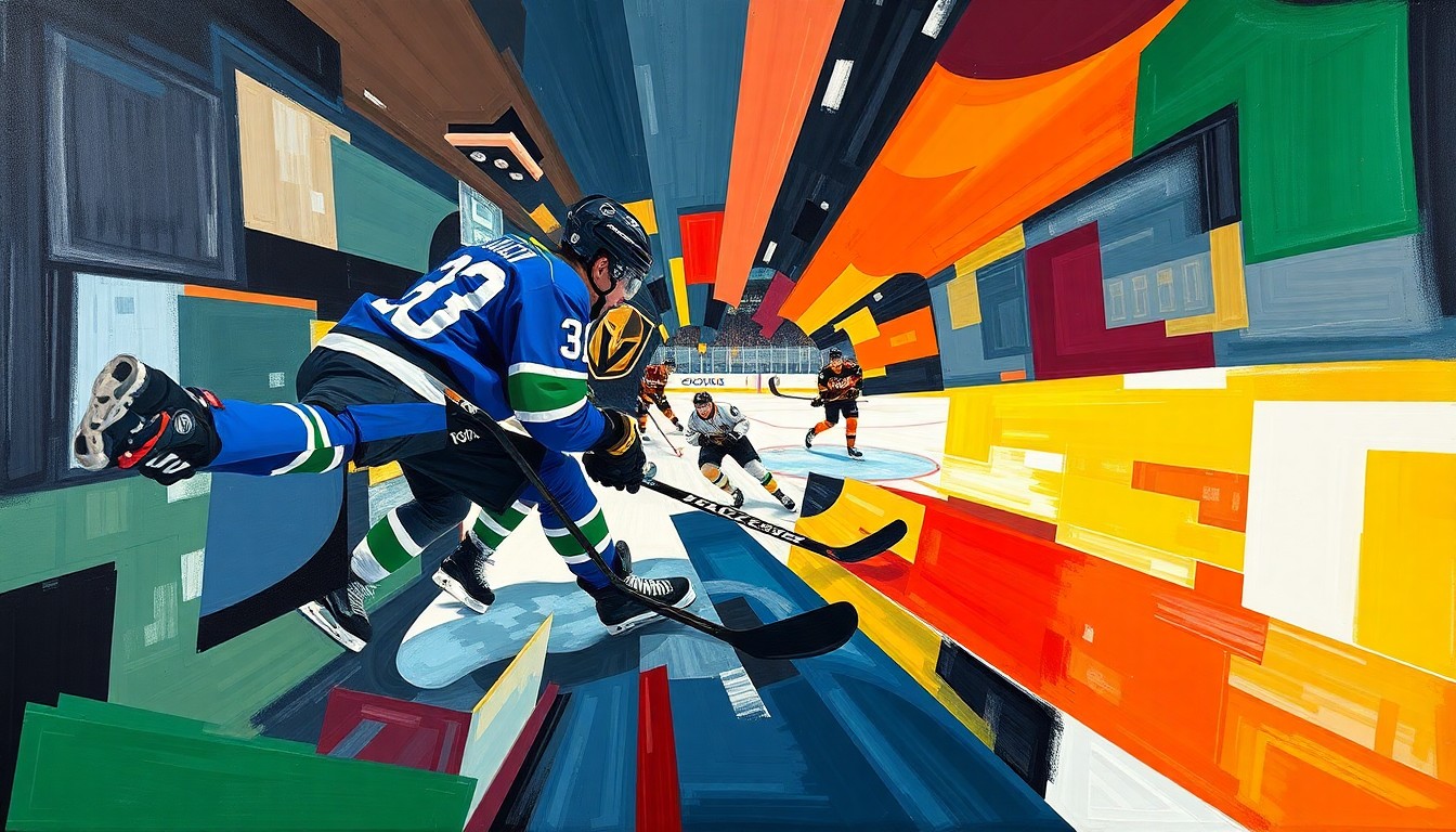 A cubist, geometric painting depicting the motion and energy of Shea Theodore's game-tying goal, with sharp planes of color representing the players, puck, and arena.