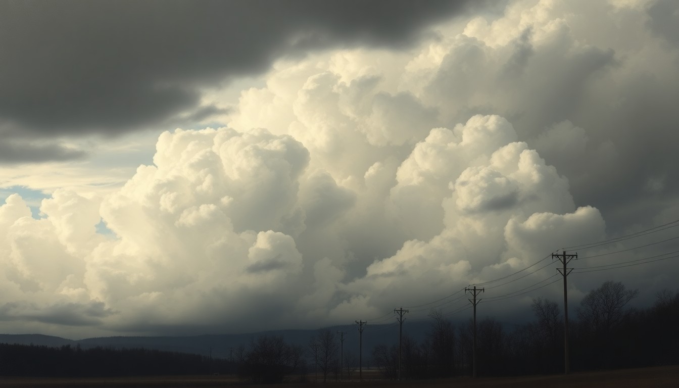 A sweeping, atmospheric landscape painting in muted tones of grey and blue, with bare trees and telephone poles silhouetted against an ominous, cloud-filled sky, conveying the overwhelming scale and power of the natural environment.