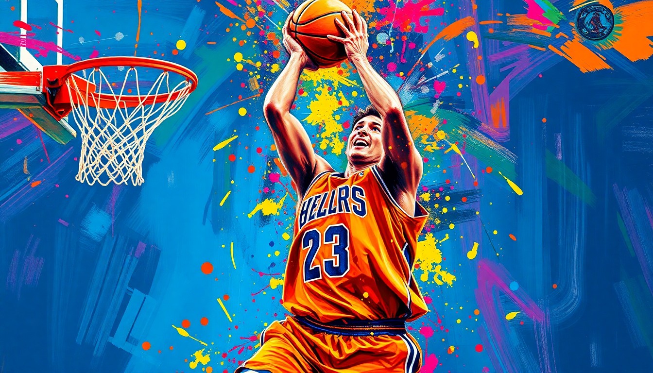 An abstract expressionist painting in neon colors, with rapid brushstrokes capturing the dynamic movement and energy of a basketball player driving to the hoop, their face and jersey dissolving into unrecognizable splatters of paint.