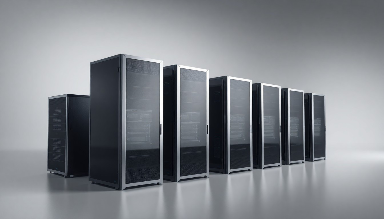 A minimalist, photorealistic studio still life featuring a cluster of sleek, geometric data server racks made of polished aluminum and tempered glass, conceptually representing the technological infrastructure and corporate strategy behind the data center industry.