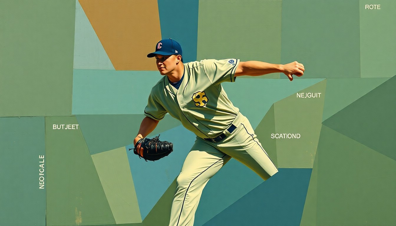 A cubist-style painting depicting a baseball pitcher's motion broken down into sharp, overlapping geometric shapes in muted earth tones, conveying the fragmented, high-pressure moment of an injury.