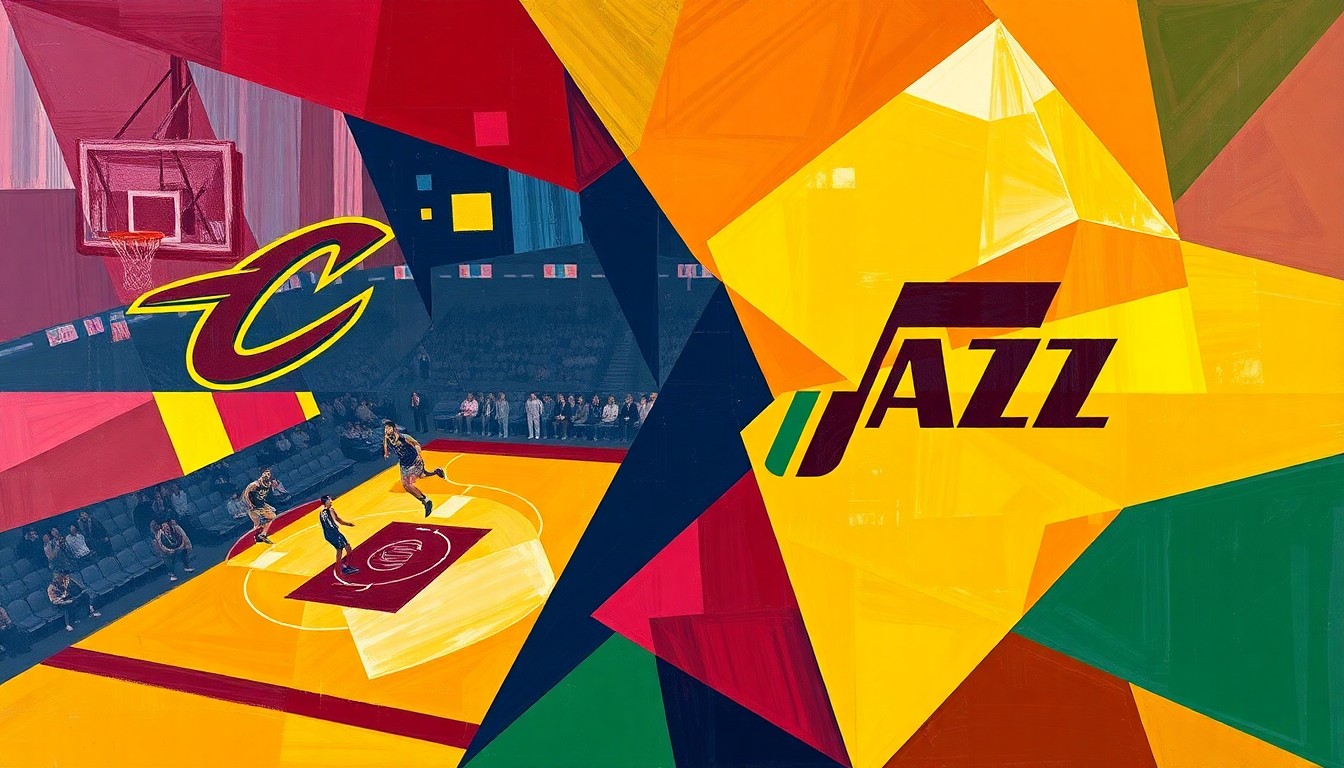 A cubist, geometric painting depicting a basketball game in motion, with sharp, overlapping planes of color representing the players and action on the court.
