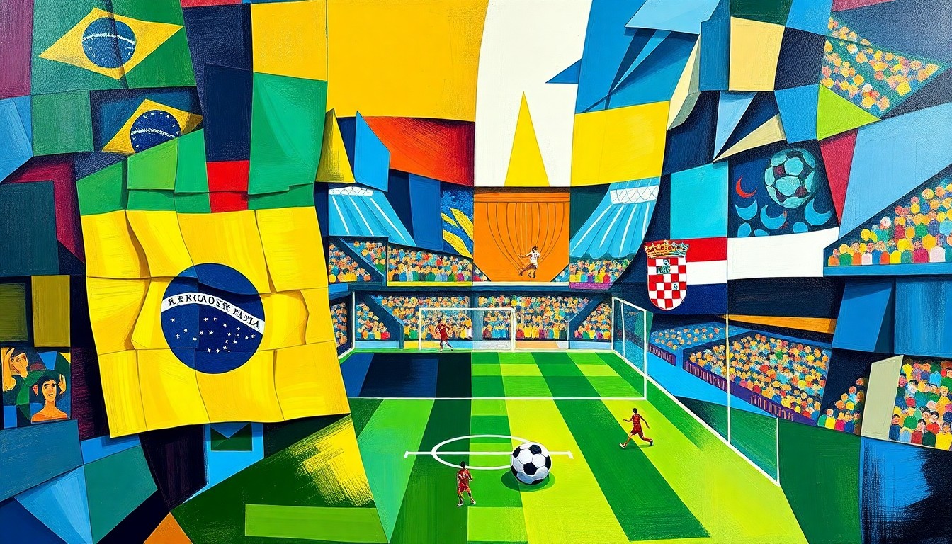 A cubist-style painting depicting a fractured, multi-perspective view of a Brazil vs Croatia football match, with sharp geometric planes in the colors of the national teams' uniforms.
