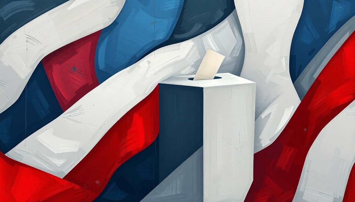 A dynamic, abstract painting featuring a fractured, overlapping depiction of a ballot box in shades of blue, red, and grey, conveying a sense of political instability and the fragility of democratic processes.