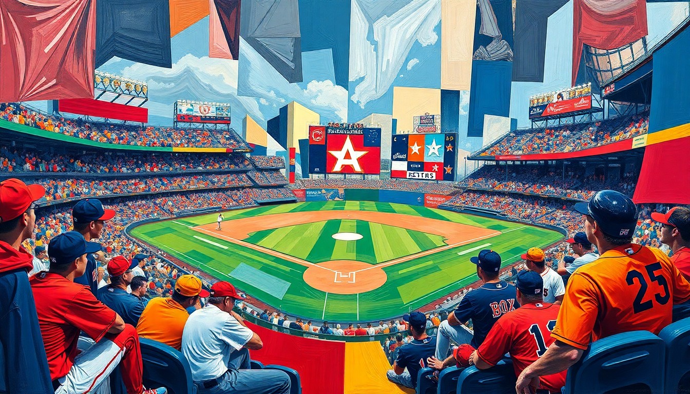 A cubist, geometric painting depicting a baseball game, with sharp, overlapping planes of color representing the players and action on the field. The vibrant colors of the Red Sox and Astros uniforms are the focal point, conveying the energy and intensity of the matchup.