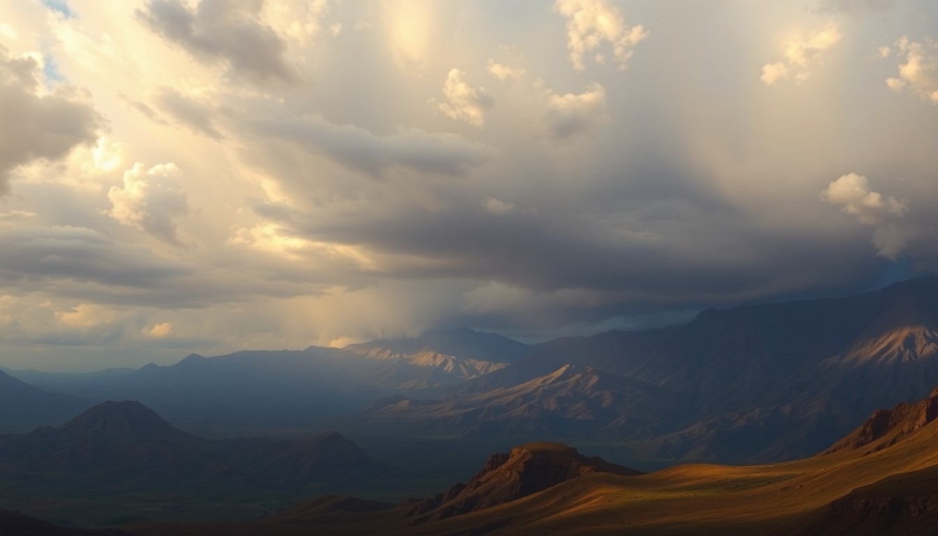 A vast, majestic landscape painting depicting dramatic, stormy clouds over the volcanic peaks of Hawaii's Big Island, using deep atmospheric perspective and dramatic backlighting to capture the mood of impending dry thunderstorms.