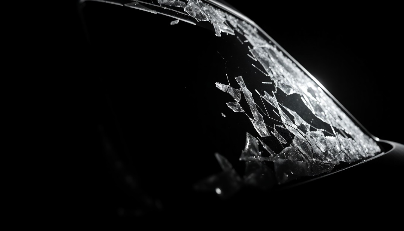 An extreme close-up photograph of a shattered car window or car part from the crash scene, capturing the stark, gritty details of the incident through dramatic lighting and framing.