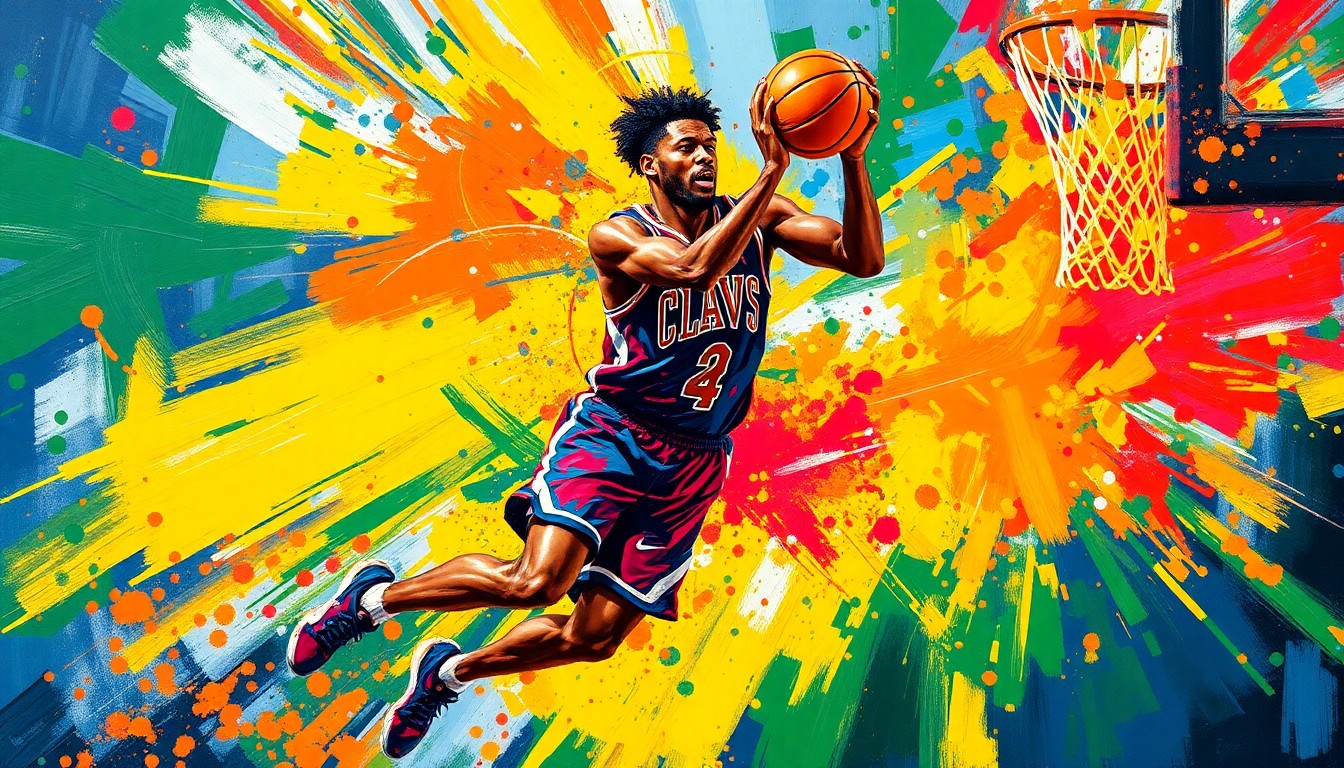 An abstract, expressionist painting in vibrant neon colors depicting the dynamic movements and scoring ability of a basketball player, with their features and uniform details blurred into energetic brushstrokes.
