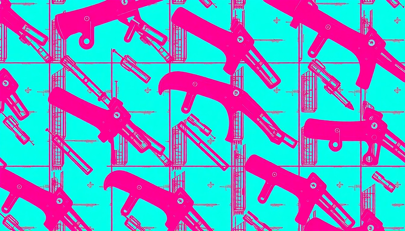 A brightly colored, high-contrast silkscreen print of an architectural drafting compass and ruler, repeated in a tight grid pattern in the style of Andy Warhol. The image utilizes flat, vibrant neon color palettes overlapping with heavy black photographic outlines to turn everyday architecture tools into modern pop art.