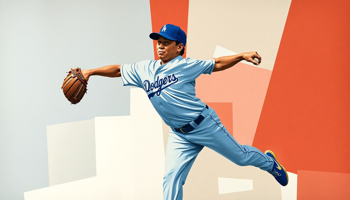 A fragmented, geometric painting depicting Roki Sasaki's pitching motion from multiple angles, with sharp planes of blue, red, and gray conveying the dynamism and intensity of his performance.