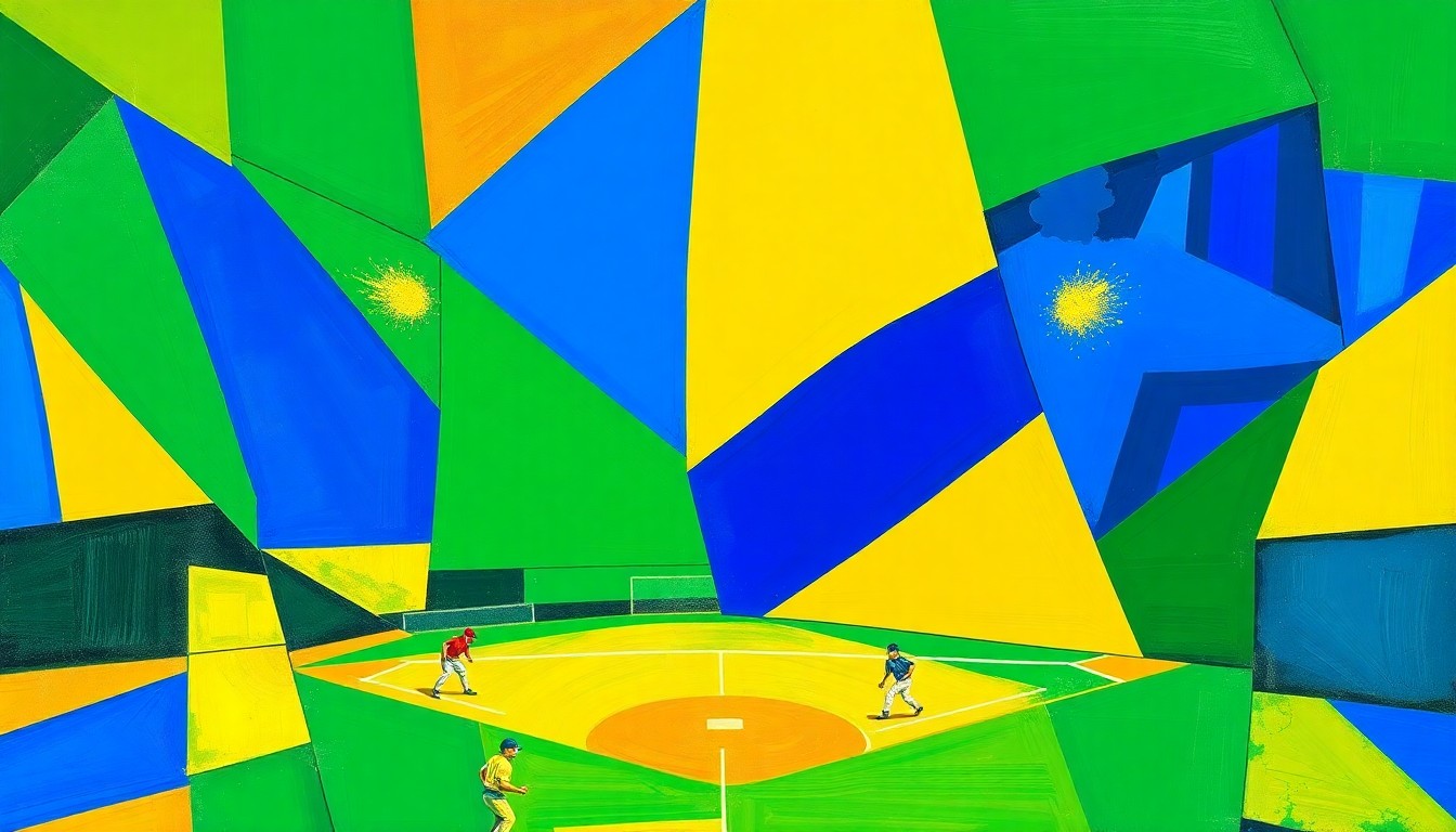A vibrant, cubist-style painting depicting a high school softball game broken down into overlapping geometric shapes and planes of bright green, blue, and yellow, conveying the dynamic energy and competitive spirit of the sport.