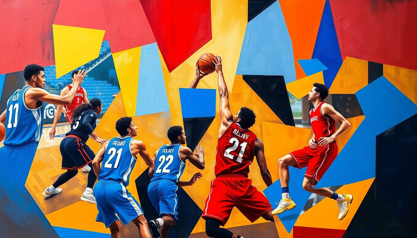 A fragmented, geometric painting in bold colors depicts the action and movement of a college basketball game, with players' forms broken down into angular shapes and planes.